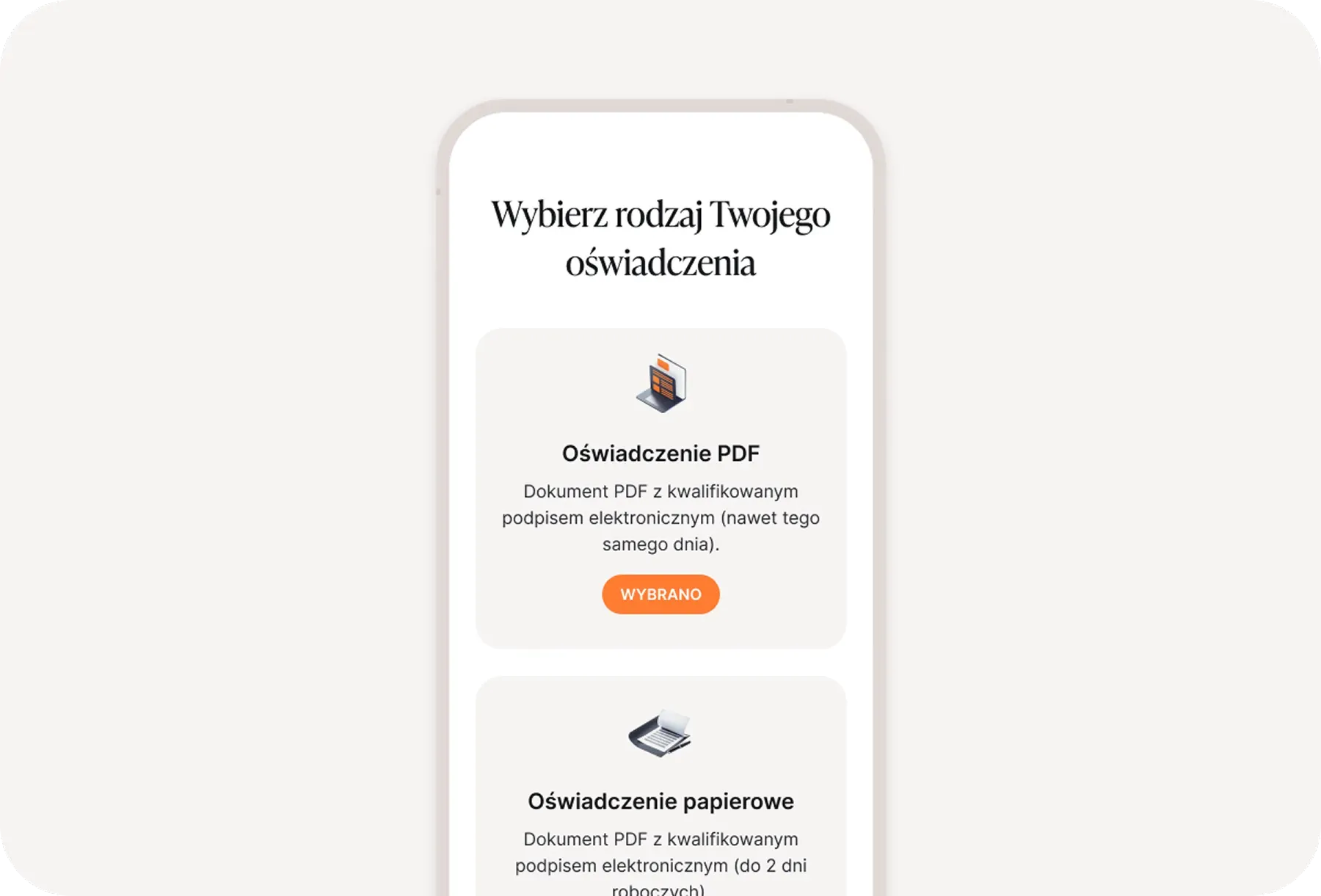 Ekran aplikacji mobilnej simpl.rent z wyborem rodzaju oświadczenia do najmu okazjonalnego – PDF z podpisem elektronicznym lub wersja papierowa